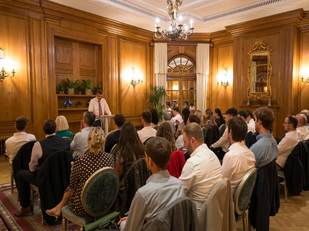 People seated in rows looking at a man at a lectern in a wood panelled room